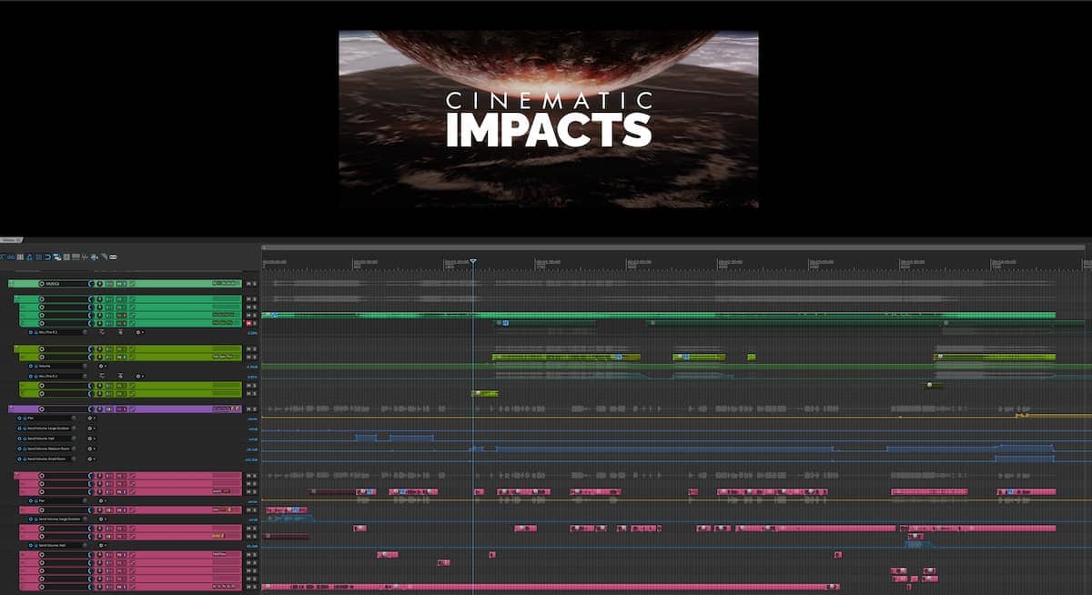 Color coded groups of layers of a trailer project with +100 tracks